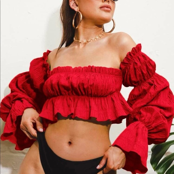Crop top puff sleeve blouse red sexy summer party off shoulder top womens - Picture 2 of 5